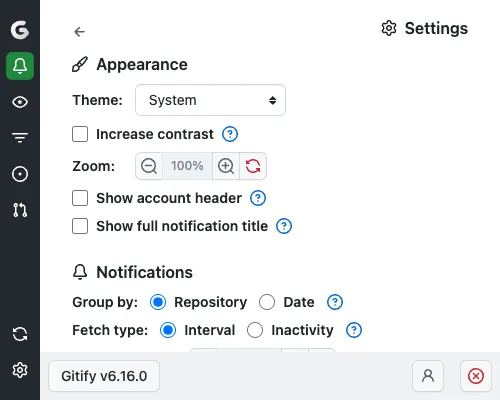 Screenshot for user preferences, settings